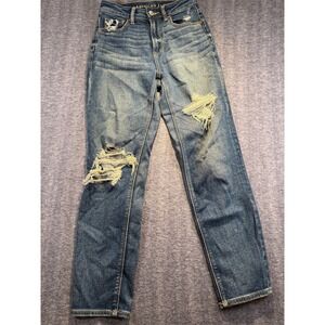 American Eagle Womens Mom Straight Jeans Distressed High Waisted Blue Stretch